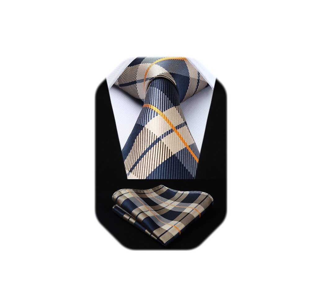 1002 Ties Brown Plaid Tie with Pocket Square Set Formal Navy Ties